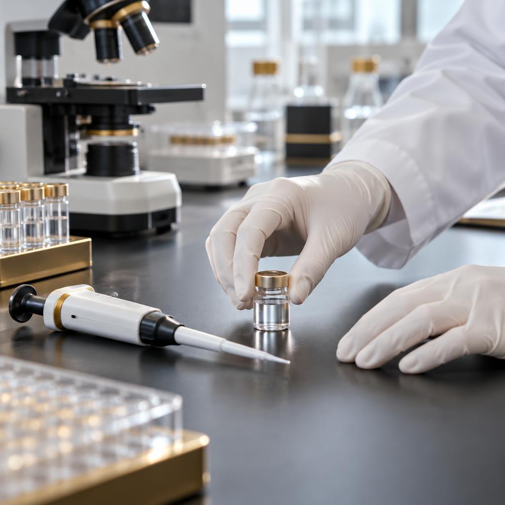 Laboratory research scene with a vial, microscope, and precision pipette